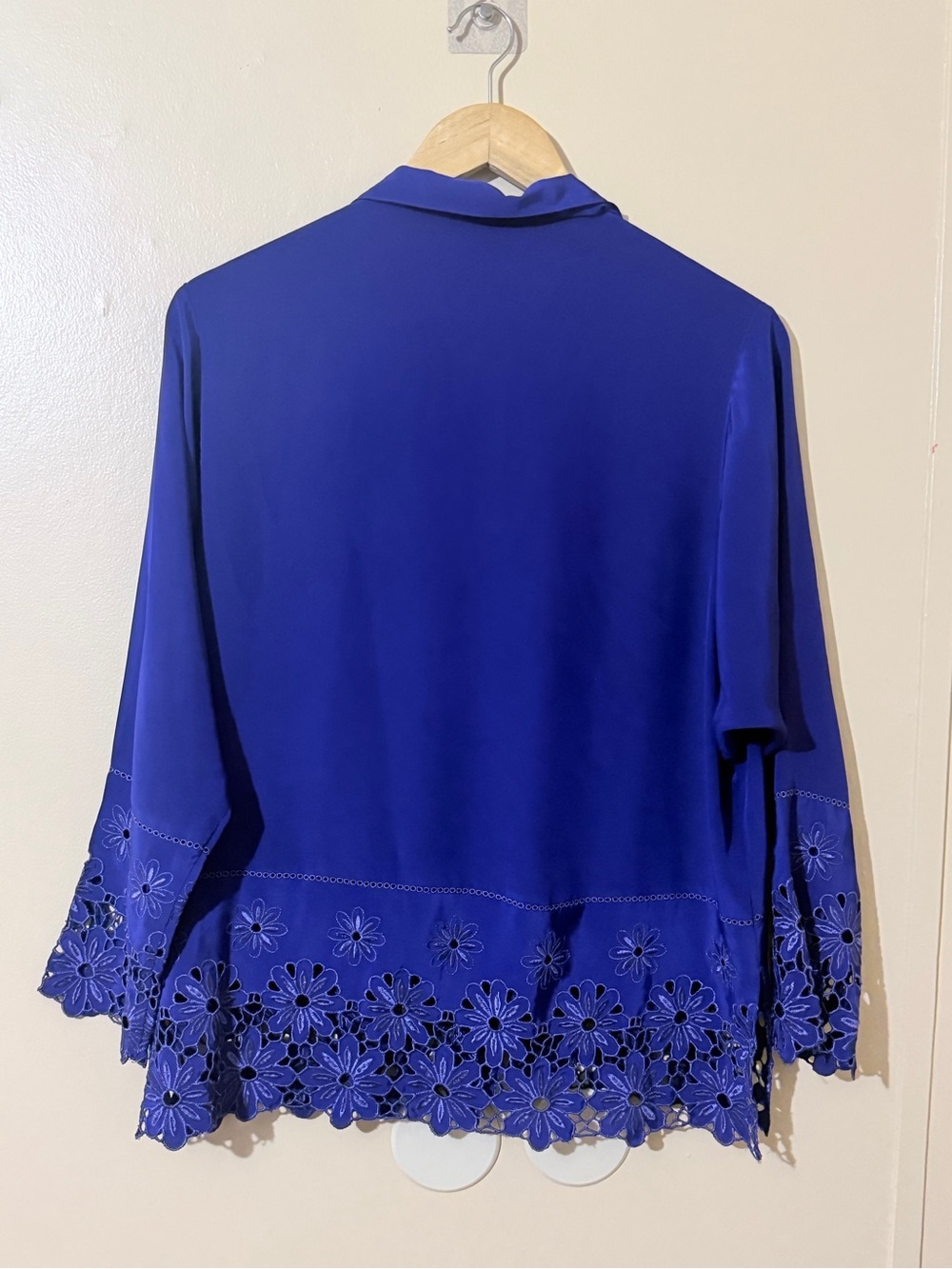 Vintage Ester Ken Paris Button-Down Blouse with Floral Lace Hem in Royal Blue - Picture 2 of 9